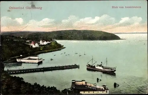 Ak Glücksburg an der Ostsee, Blick vom Aussichtsturm, Anleger, Steg, Schiff, Boote