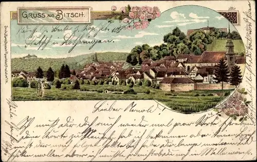 Litho Bitche Bitsch Lothringen Moselle, Totalansicht der Ortschaft