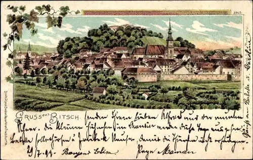 Litho Bitche Bitsch Lothringen Moselle, Totalansicht der Ortschaft