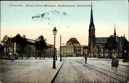 Ak Chemnitz in Sachsen, König Albert-Museum, Stadttheater, Petrikirche