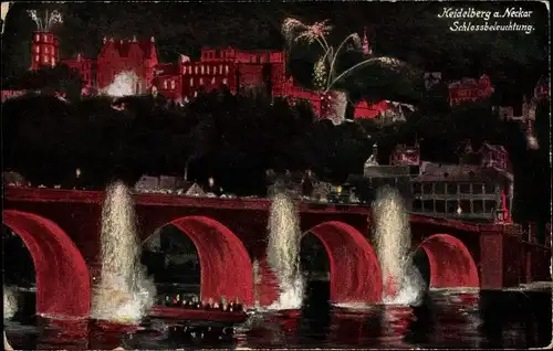 Ak Heidelberg am Neckar, Schlossbeleuchtung, Brücke, Wasserspiele, Feuerwerk, Boot, Nachtansicht