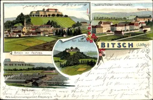 Litho Bitche Bitsch Lothringen Moselle, Kaserne Freiherr von Falkenstein, Festung, Baracken