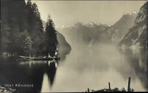 Foto Ak Königsee Königssee Oberbayern, Panorama, Gebirge, Ruderboot