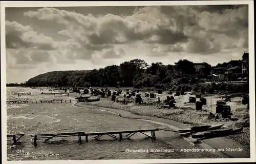 Ak Ostseebad Scharbeutz in Holstein, Abendstimmung, Strand, Steg, Strandkörbe