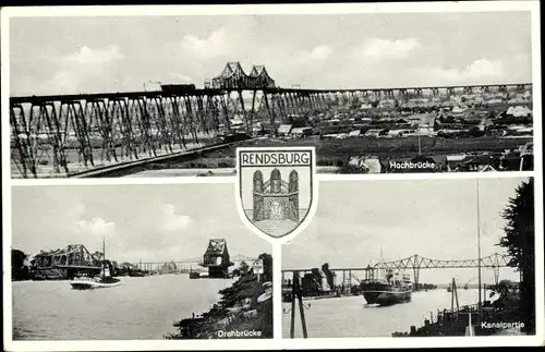 Ak Rendsburg in Schleswig Holstein, Hochbrücke, Drehbrücke, Kanal, Wappen, Lastkahn