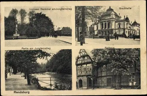 Ak Rendsburg in Schleswig Holstein, Rathaus, Lornsen Denkmal, Jungfernstieg, Stadthalle