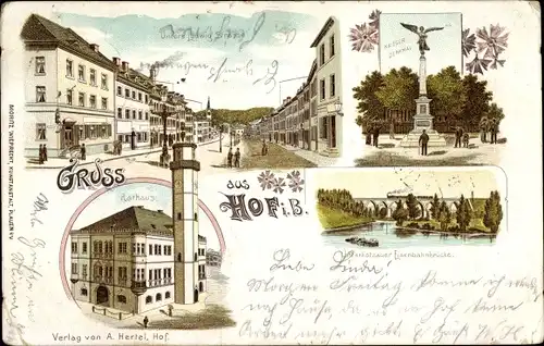 Litho Hof an der Saale Oberfranken Bayern, Untere Ludwig Straße, Rathaus, Kriegerdenkmal