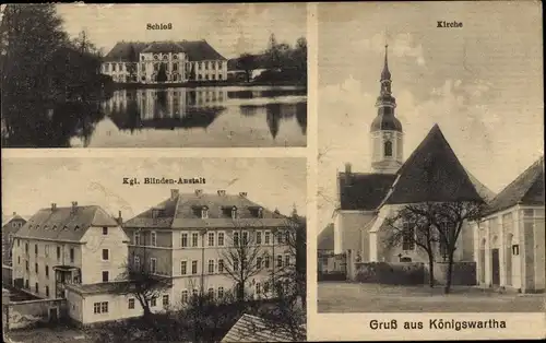 Ak Königswartha in der Oberlausitz, Schloss, Kirche, Königliche Blindenanstalt