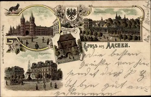 Litho Aachen, Kaserne, Kaiserplatz, Elisenbrunnen, Pont Thor, Wappen