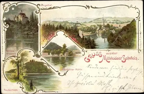 Mondschein Litho Mittweida in Sachsen, Schloss Kriebstein, Rhingethal, Raubschloss