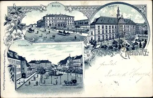 Litho Chemnitz Sachsen, Rathaus, Bahnhof, Neumarkt