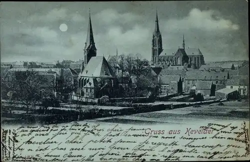 Mondschein Ak Kevelaer am Niederrhein, Stadtansicht, Kirche