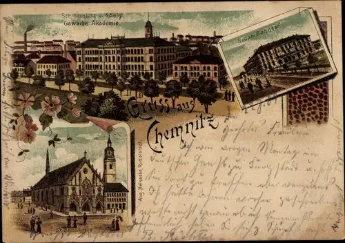 Litho Chemnitz in Sachsen, Schillerplatz, Gewerbe-Akademie, Hauptbahnhof, Jacobikirche