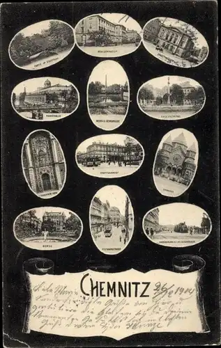 Passepartout Ak Chemnitz in Sachsen, Straßenpartie, Brunnen, Kirche, Tor