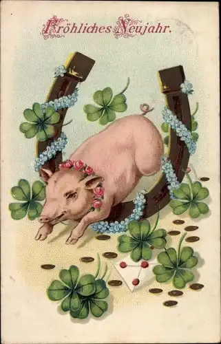 Präge Ak Glückwunsch Neujahr, Schwein, Hufeisen, Klee, Münzen