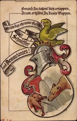 Ak Papagei, pinkelnder Hund, Es lebe das Handwerk der Schnüffler und Denuncianten