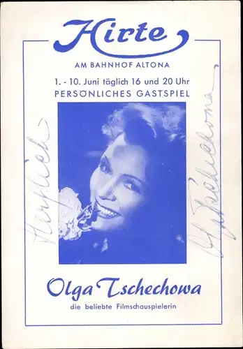 Ak Schauspielerin Olga Tschechowa, Reklame zum persönlichen Gastspiel in Altona