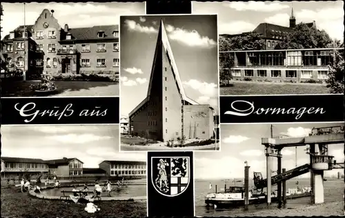 Ak Dormagen Niederrhein, Kirche, Anlegestelle, Planschbecken, Rathaus