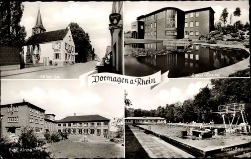 Ak Dormagen Niederrhein, Kölner Straße, Bayer Kasino, Kirche, Bayer Bad