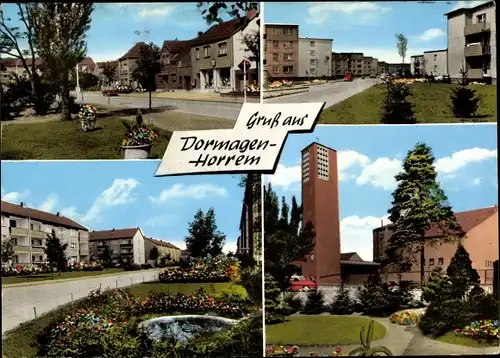 Ak Dormagen Niederrhein, Straßenpartie, Mietshäuser, Grünanlage, Kirche