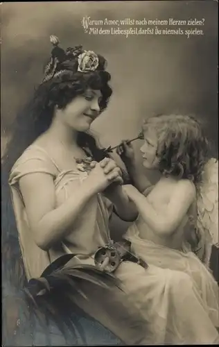 Ak Frau mit Engel, Warum Amor, willst nach meinem Herzen zielen