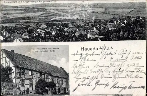 Ak Haueda Liebenau in Hessen, Gastwirtschaft zur Krone, Blick auf den Ort
