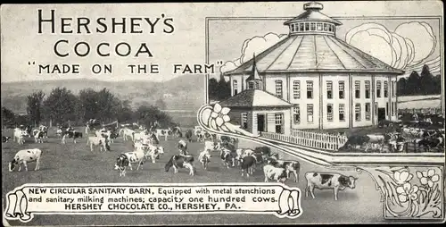 Ak Hershey Pennsylvania USA, Hershey Chocolate Co, Farm, Kühe, Melk- und Stallgebäude