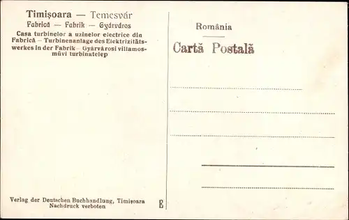 Ak Timișoara Temesvár Temeswar Rumänien, Fabrik, Elektrizitätswerk, Turbinenanlage