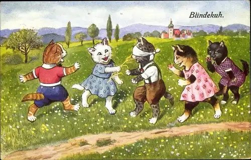 Künstler Ak Blindekuh, Vermenschlichte junge Katzen beim Spiel