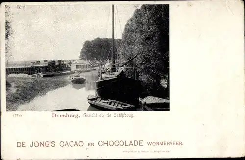 Ak Doesburg Gelderland Niederlande, Blick auf die Schipbrücke, De Jongs Cacao