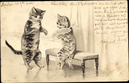 Präge Litho Vermenschlichte Hauskatzen, Fächer, Tanzaufforderung
