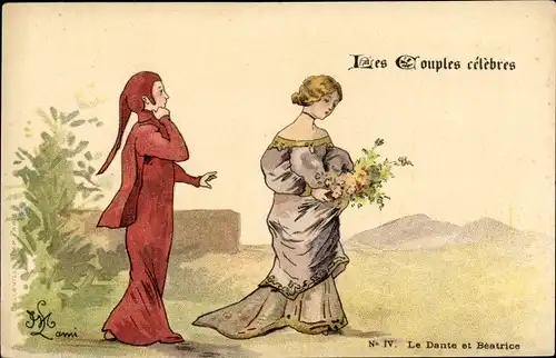 Künstler Ak Les Couples celebres, Le Dante et Beatrice, Reklame, Le Petit Journal