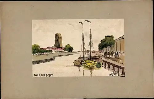 Künstler Ak Dordrecht Südholland Niederlande, Teilansicht, Boote