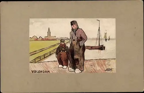 Künstler Ak Volendam Nordholland Niederlande, Männer in Volkstrachten