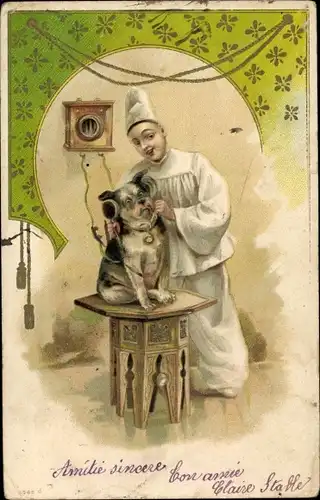 Präge Litho Harlekin und Hund, Telefon