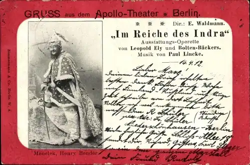 Ak Apollo-Theater in Berlin, Operette Im Reiche des Indra, Schauspieler Henry Bender