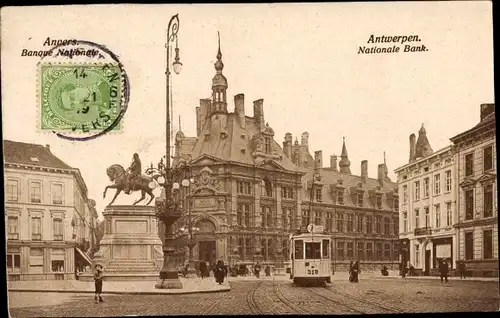Ak Anvers Antwerpen Flandern, Nationale Bank, Straßenbahn, Denkmal