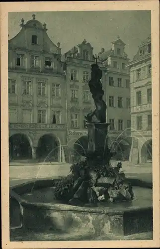 Ak Jelenia Góra Hirschberg Riesengebirge Schlesien, Neptunbrunnen, Markt, Tuchlaube 4, 5 und 6