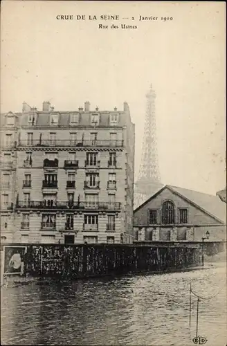Postkarte Paris IV, Rue des Usines, Die große Seine-Flut Januar 1910