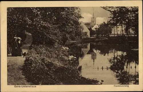 Ak Untermhaus Gera in Thüringen, Faulenzerweg, Kirche, Elster, Brücke