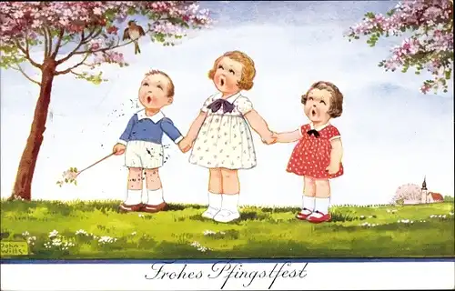 Künstler Ak Wills, John, Frohe Pfingsten, singende Kinder, Vogel, Baumblüte