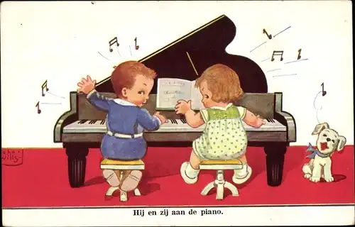 Künstler Ak Wills, John, Kinder am Flügel, Hund