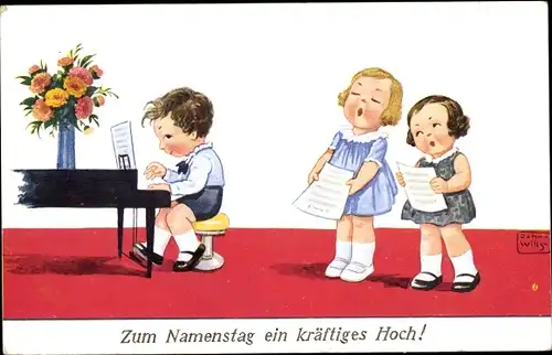 Künstler Ak Wills, John, Glückwunsch zum Namenstag, Junge am Flügel, singende Mädchen