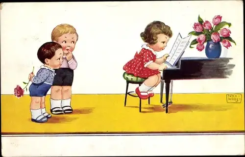 Künstler Ak Wills, John, Mädchen am Flügel, Jungen, Blume