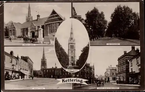 Ak Kettering Northamptonshire England, Kirche, Marktplatz, öffentliche Bibliothek