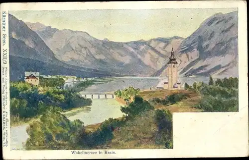 Künstler Ak Bohinj Slowenien, Bohinjsko jezero, Krain, Wocheiner See, Kirche