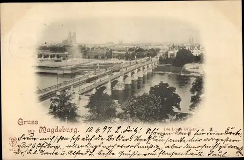 Ak Magdeburg in Sachsen Anhalt, Die lange Brücke, Panorama