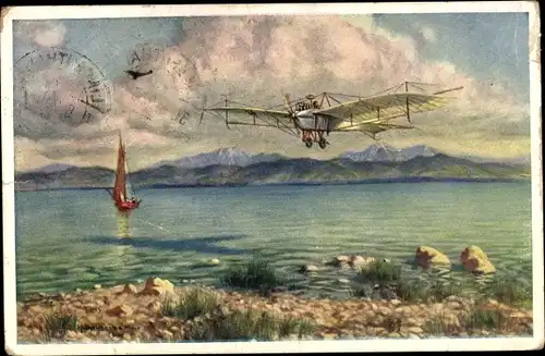 Künstler Ak Flugzeug in der Luft, Segelboot, Gebirge