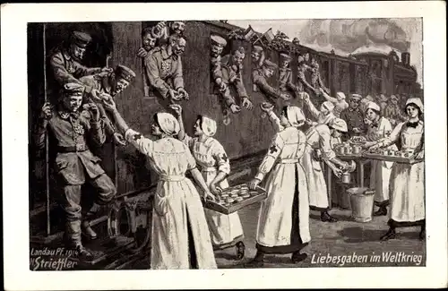 Künstler Ak Strieffler, Liebesgaben im Weltkrieg, Soldaten ziehen in den Krieg, Bahnhof, Rotes Kreuz