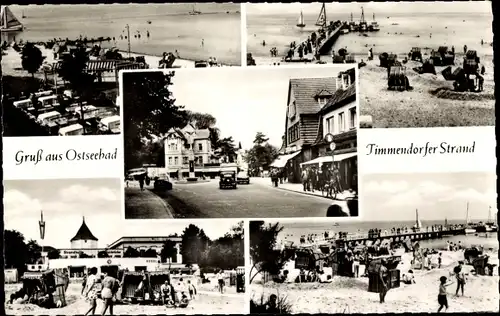 Foto Ak Ostseebad Timmendorfer Strand, Strandleben, Landungsbrücke, Strandkörbe, Stadtansicht